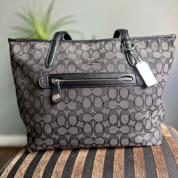 Coach Handbags - Coach Signature Canvas Black and Gray Large Tote Hook and lock on front